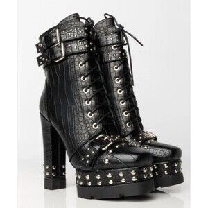 Azalea Wang Dolls Kill Ankle Boots Black Vegan Crocodile Heels Studded NWOB 8.5